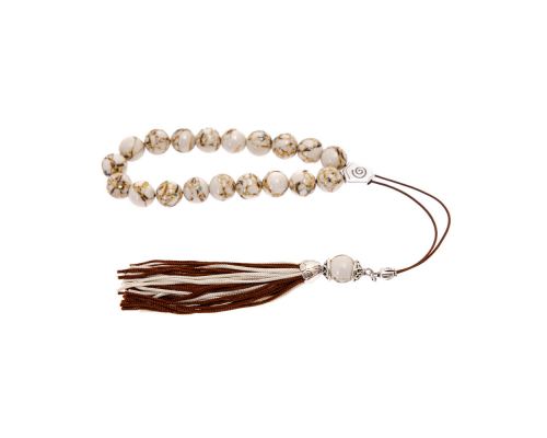 White Onyx with Brown Patterns Gemstone, Handmade Greek Worry Beads or Komboloi, Alpaca Metal Parts on a Pure Silk Cord & Tassel