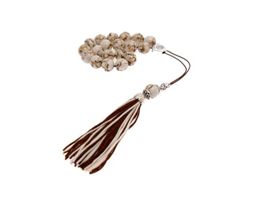 White Onyx with Brown Patterns Gemstone, Handmade Greek Worry Beads or Komboloi, Alpaca Metal Parts on a Pure Silk Cord & Tassel