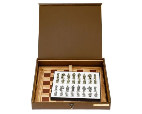 Olive Wood Chess Set in Brown Wooden Box, Metallic Chess Pieces 2