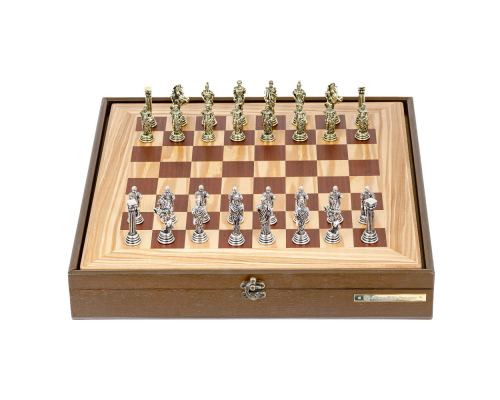 Olive Wood Chess Set in Brown Wooden Box, Metallic Chess Pieces, 41x41cm