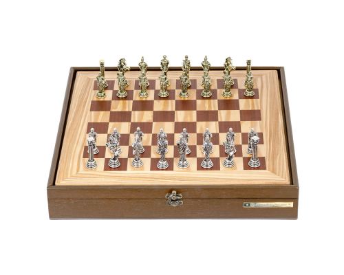 Olive Wood Chess Set in Brown Wooden Box, Metallic Chess Pieces, Roman Style, 41x41cm