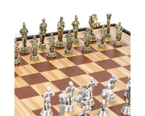 Olive Wood Chess Set in Brown Wooden Box, Metallic Chess Pieces 3