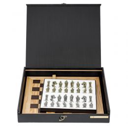 Olive Wood Chess Set in Black Wooden Box, Metallic Chess Pieces 2