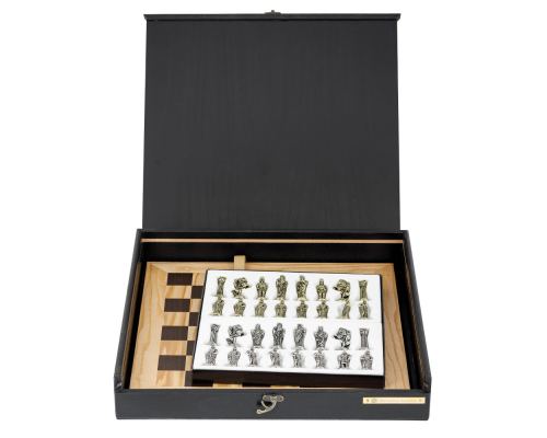 Olive Wood Chess Set in Black Wooden Box, Metallic Chess Pieces 2