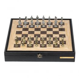 Olive Wood Chess Set in Black Wooden Box, Metallic Chess Pieces, 41x41cm