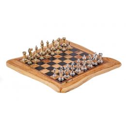 Olive Wood Handmade Premium Quality Rustic Style Chess Set, Classic Metallic Chess Pieces, 42x42cm