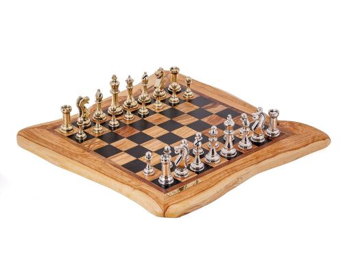 Olive Wood Handmade Premium Quality Rustic Style Chess Set, Classic Metallic Chess Pieces, 42x42cm
