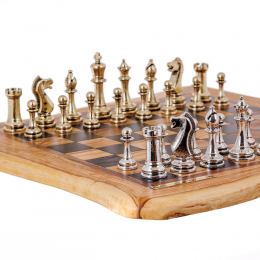 Olive Wood Handmade Premium Quality Rustic Style Chess Set, Classic Metallic Chess Pieces 3