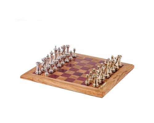 Σκάκι Πολυτελείας Χειροποίητο από Ξύλο Ελιάς και Ξύλο Purple Heart με Κλασσικά Μεταλλικά Πιόνια 2