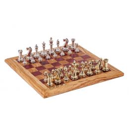 Σκάκι Πολυτελείας Χειροποίητο από Ξύλο Ελιάς και Ξύλο Purple Heart με Κλασσικά Μεταλλικά Πιόνια, 42x42cm