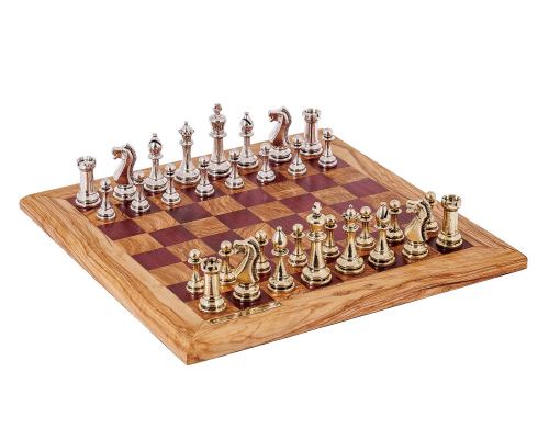 Σκάκι Πολυτελείας Χειροποίητο από Ξύλο Ελιάς και Ξύλο Purple Heart με Κλασσικά Μεταλλικά Πιόνια, 42x42cm