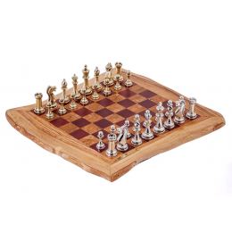 Σκάκι Πολυτελείας Ρουστίκ Χειροποίητο από Ξύλο Ελιάς και Ξύλο Purple Heart με Κλασσικά Μεταλλικά Πιόνια, 42x42cm 