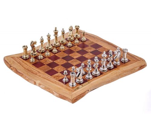 Olive Wood & Purple Heart Wood, Handmade Premium Quality, Rustic Style Chess Set, Classic Metallic Chess Pieces, 42x42cm