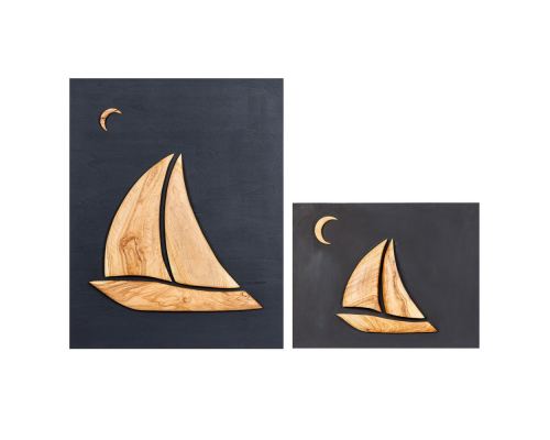 Olive Wood Sailboat, Modern Wall Decor, Black Wooden Background, Design A Sizes