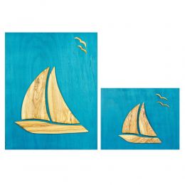 Olive Wood Sailboat, Modern Wall Decor, Blue Wooden Background, Design A, Sizes