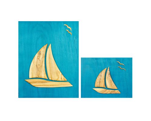 Olive Wood Sailboat, Modern Wall Decor, Blue Wooden Background, Design A, Sizes
