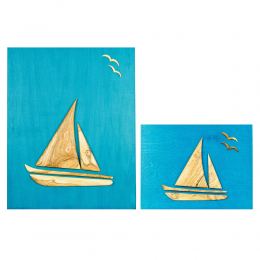 Olive Wood Sailboat, Modern Wall Decor, Blue Wooden Background, Design B Sizes