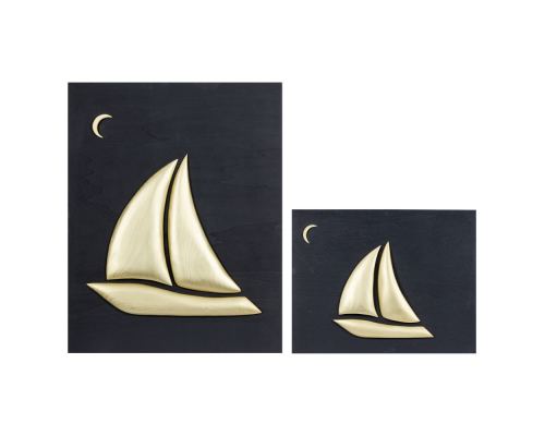 Olive Wood Sailboat, Modern Wall Decor, Black Gold Wooden Background, Design A Sizes