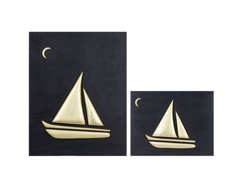 Olive Wood Sailboat, Modern Wall Decor, Black Gold Wooden Background, Design Β Sizes