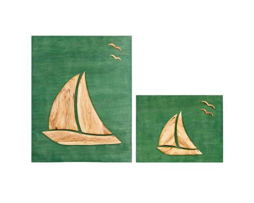 Olive Wood Sailboat, Modern Wall Decor, Green Wooden Background, Desing B Sizes