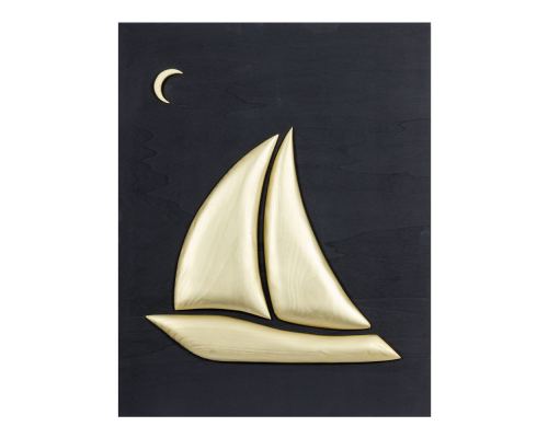 Gold Color Wooden Sailboat, Modern Wall Decor, Black Wooden Background, Design A, 55x70cm