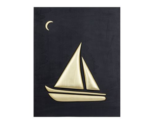Gold Color Wooden Sailboat, Modern Wall Decor, Black Wooden Background, Design B, 55x70cm