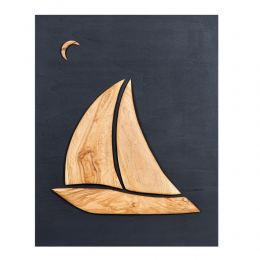 Olive Wood Sailboat, Modern Wall Decor, Black Wooden Background, Design A, 55x70cm