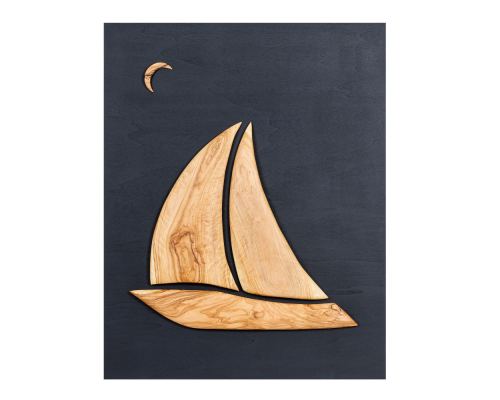 Olive Wood Sailboat, Modern Wall Decor, Black Wooden Background, Design A, 55x70cm