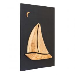 Olive Wood Sailboat, Modern Wall Decor, Black Wooden Background, Design A, Large 2