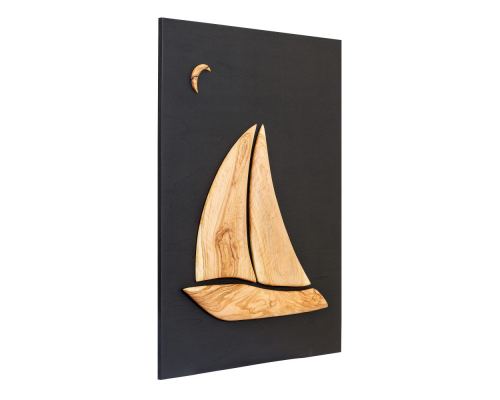 Olive Wood Sailboat, Modern Wall Decor, Black Wooden Background, Design A, Large 2