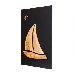 Olive Wood Sailboat, Modern Wall Decor, Black Wooden Background, Design A, Large 3