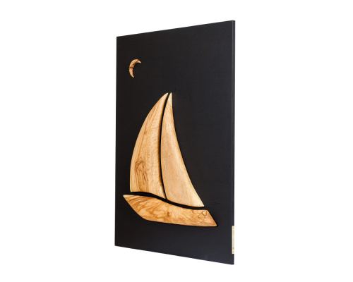 Olive Wood Sailboat, Modern Wall Decor, Black Wooden Background, Design A, Large 3