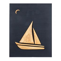 Olive Wood Sailboat, Modern Wall Decor, Black Wooden Background, Design B, 55x70cm