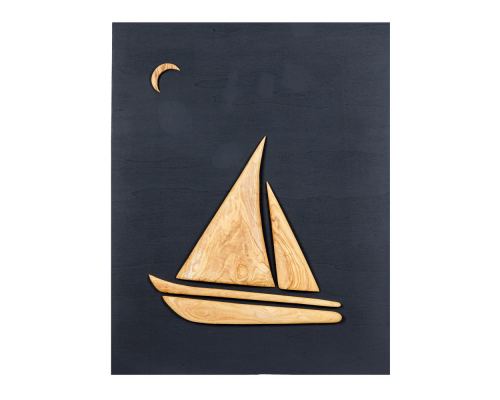 Olive Wood Sailboat, Modern Wall Decor, Black Wooden Background, Design B, 55x70cm