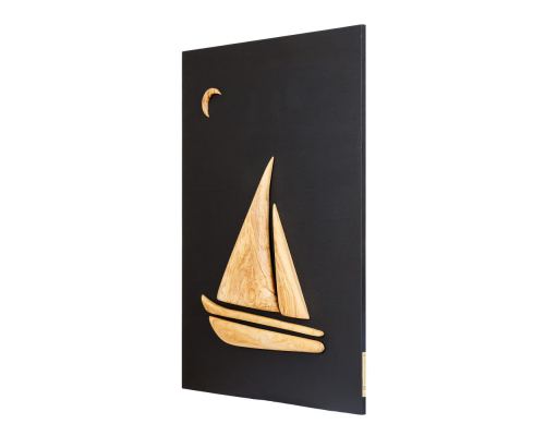 Olive Wood Sailboat, Modern Wall Decor, Black Wooden Background, Design B Large 3