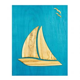 Olive Wood Sailboat, Modern Wall Decor, Blue Wooden Background, Design A, 55x70cm