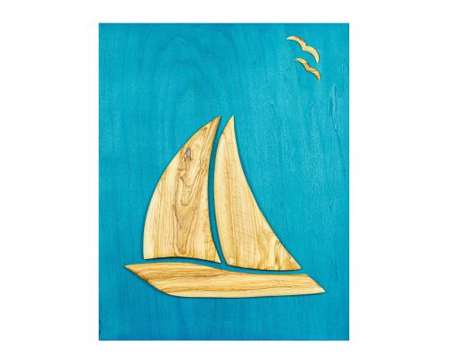 Olive Wood Sailboat, Modern Wall Decor, Blue Wooden Background, Design A, 55x70cm