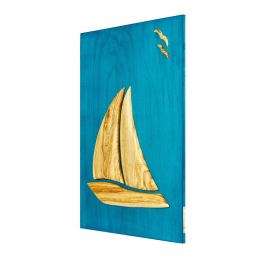 Olive Wood Sailboat, Modern Wall Decor, Blue Wooden Background, Design A, Large 3