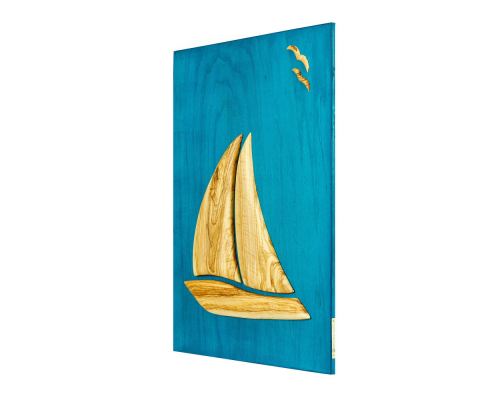 Olive Wood Sailboat, Modern Wall Decor, Blue Wooden Background, Design A, Large 3