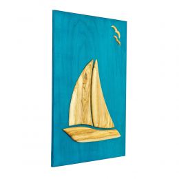 Olive Wood Sailboat, Modern Wall Decor, Blue Wooden Background, Design A, Large 2
