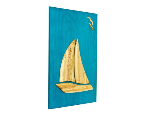 Olive Wood Sailboat, Modern Wall Decor, Blue Wooden Background, Design A, Large 2