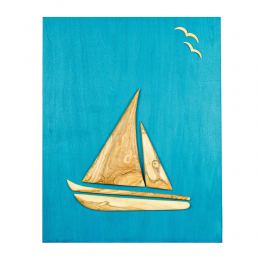 Olive Wood Sailboat, Modern Wall Decor, Blue Wooden Background, Design B, 55x70cm