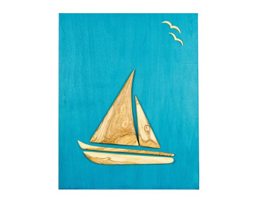 Olive Wood Sailboat, Modern Wall Decor, Blue Wooden Background, Design B, 55x70cm