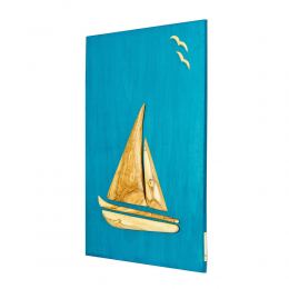 Olive Wood Sailboat, Modern Wall Decor, Blue Wooden Background, Design B, Large 3