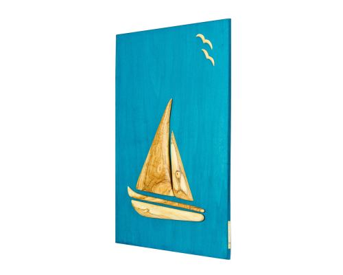 Olive Wood Sailboat, Modern Wall Decor, Blue Wooden Background, Design B, Large 3