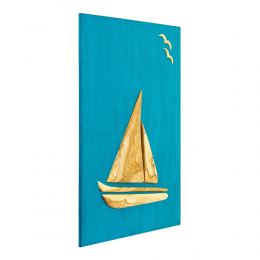 Olive Wood Sailboat, Modern Wall Decor, Blue Wooden Background, Design B, Large 2