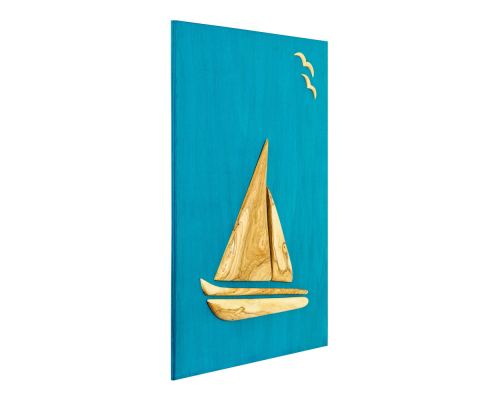 Olive Wood Sailboat, Modern Wall Decor, Blue Wooden Background, Design B, Large 2