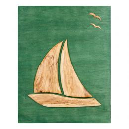 Olive Wood Sailboat, Modern Wall Decor, Green Wooden Background, Design A, 55x70cm