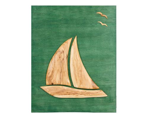 Olive Wood Sailboat, Modern Wall Decor, Green Wooden Background, Design A, 55x70cm