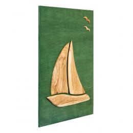 Olive Wood Sailboat, Modern Wall Decor, Green Wooden Background, Design A Large 2